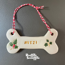 Load image into Gallery viewer, Personalised Dog Bone Xmas Ornament - Holly & Ivy
