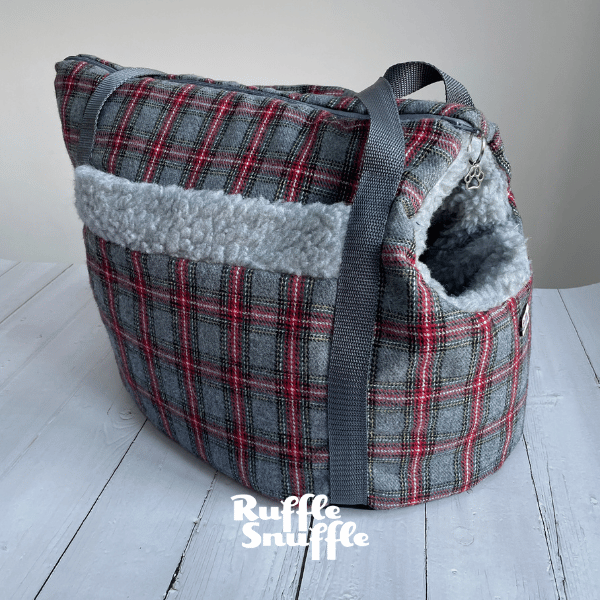 Grey and Red Check Tweed Dog Carrier